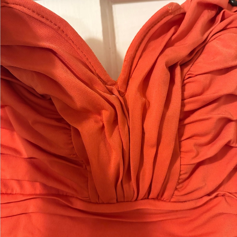 Ruched Strapless Orange Party Dress - Picture 4 of 4